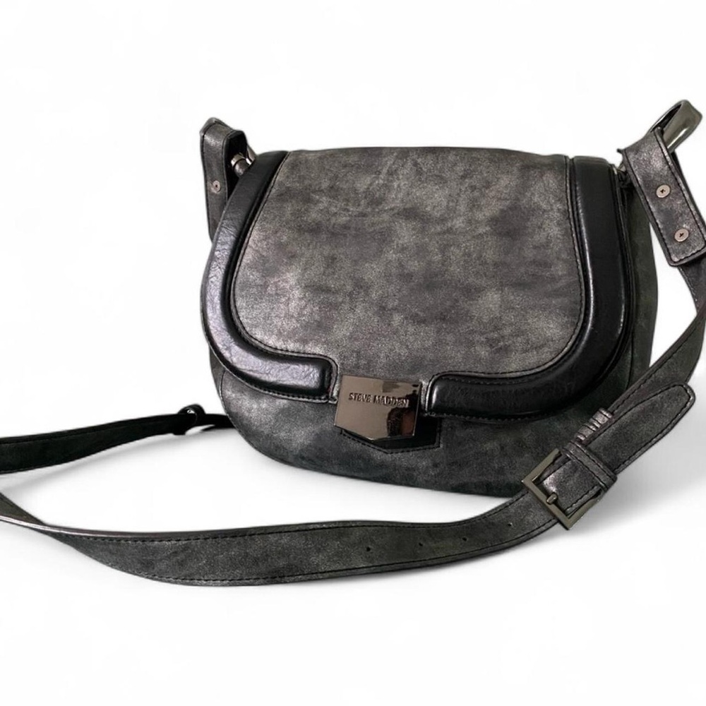 Steve Madden Vegan Leather Handbag Distressed Black Moto, 2-Way Adjustable Strap